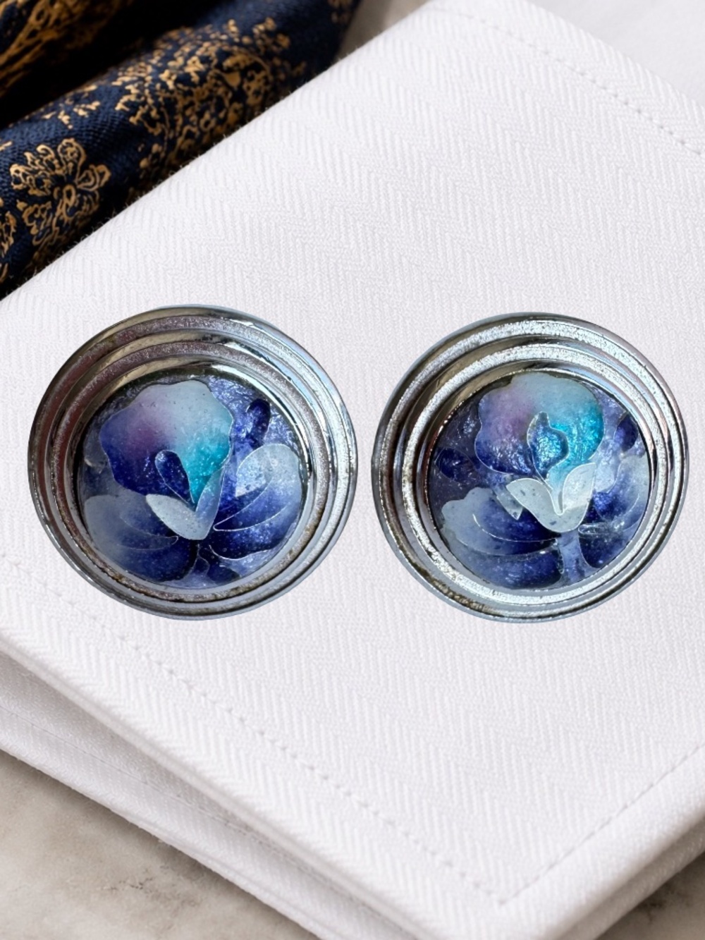 Japanese Cloisonne Cufflinks Blue White Floral Enamel Vintage Wedding Suits Wear